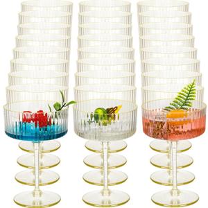 Jingmore 24 Pcs Ribbed Martini Glasses 10 oz Disposable Plastic Vintage Ribbed Coupe Glasses with Gold Rim Glitter Cocktail Unbreakable Dessert Parfait Glassware for Wedding Party Supplies (Clear)