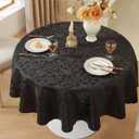 meioro Wipe Clean Table Cloth, Round Tablecloth Waterproof Polyester Fabric Tablecloths, Large Wipeable Table Cloths with Floral Patterns for Dining Party Decoration(Black, Round 60'')