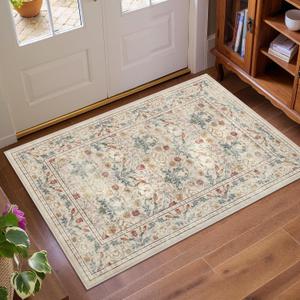 GarveeHome Small Beige Entryway Rug, 2x3 Washable Front Door Rug Indoor Entrance Floral Carpet Non-Slip Low Pile Throw Rugs for Kitchen Floor, Powder Room, Entry, Bathroom, Kids Room