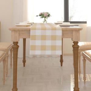 Beige & White 2 Piece Fabric in 1 Cotton Buffalo Check Table Runner Cloth for Family Dinners or Gatherings, Indoor or Outdoor Parties, Everyday Use, 12 x 72