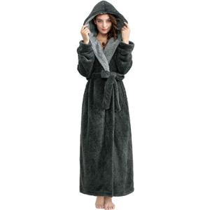 Hellomamma Long Hooded Robe for Women Luxurious Flannel Fleece Full Length Bathrobe Winter Warm Pajamas Shower Nightgown (Grey)