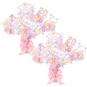 DoubleFill 2 Set Pink Graduation Decorations Class of 2026 Graduation Table Centerpieces Sticks Table Toppers with Lights for College High School Congrats Grad Party Supplies