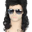 Topcosplay Men's 80s Mullet Wig - Black Curly Male Wig for Halloween Costumes, Punk Rocker Style