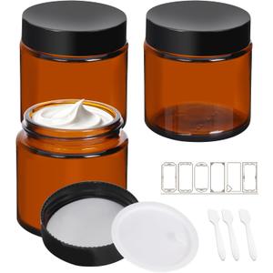 3 Pack 4 oz Amber Glass Jars with Lids, Cosmetic Jars with Black Lids, Glass Lotion Containers, Candle Making Containers for Lotions, Scrubs and Cosmetic, Lables and Spatulas Include