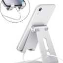 Adjustable Cell Phone Stand, OMOTON Aluminum Desktop Cellphone Stand with Anti-Slip Base and Convenient Charging Port, Fits All Smart Phones, Silver