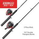 Zebco 202 & 404 Spincast Reels and Fishing Rod Combos (2-Pack), 5-Foot 6-Inch 2-Piece Fishing Pole, Size 30 and 40 Reels, Right-Hand Retrieve, Pre-Spooled with 10 lb and 15 lb Cajun Line, Black/Red, Rod Length: 167.6 centimeters