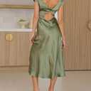 Women's Summer Satin Elegance Backless Twist Cap Sleeves Midi Dress 2026 Sexy Cowl Neck Slit Cocktail Wedding Guest Dresses (Green, XS)