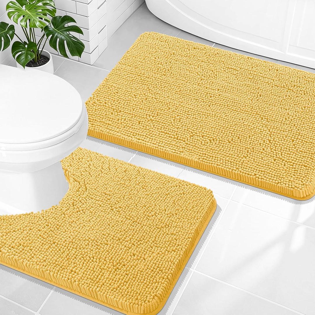 OLANLY Chenille Bathroom Rugs Mats Sets 2 Piece, 30"x20"+24"x20", Beige | Soft Absorbent Bath Mat and U-Shaped Contour Toilet Rug Set, Quick Dry, Machine Washable Bath Carpet, Home Decor Accessories