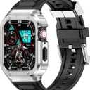 Band with Stainless Steel Case Compatible with Apple Watch Series 9 8 7 45mm Band, iwatch Bands Rugged Metal Protective Cover for Men (Silver)