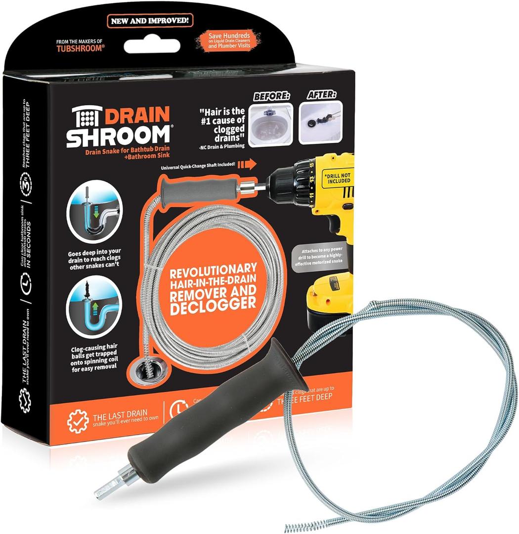DrainShroom Reusable Sink Snake Clog Remover Tool that Attaches To Any Drill, Bathroom Bathtub Drain Cleaner Auger, Hair Catcher Drain Snake, 36 Inches Long, Stainless Steel, 1 Pack