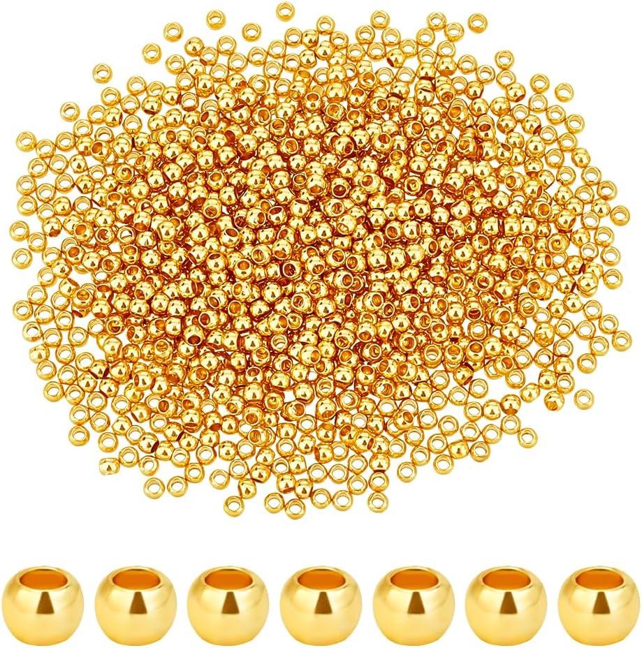 PH PandaHall 1000pcs 2mm 14K Gold Plated Brass Bead Long-Lasting Round Smooth Spacer Beads Seamless Loose Ball Bead Gold Metal Beads for Summer Hawaii Necklaces, Bracelets, Earring Making