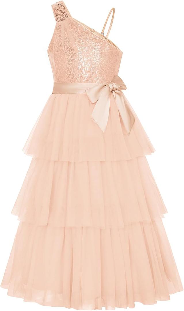 GRACE KARIN Girls Sequin Tulle Dress One Shoulder Formal Party Holiday Maxi Dress for Girl 6-14Y (6-7 Years, Rose Gold)