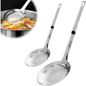 2PCS Stainless Steel Fine Mesh Skimmer, Fat Skimmer Spoon, 2 Sizes Long Handle Hand Held Strainer, Grease Spoon Skimmer For Cooking, Frying, Pasta, Egg, Foam