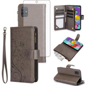 Asuwish Phone Case for Samsung Galaxy A51 4G Wallet Cell Cover with Tempered Glass Screen Protector Wrist Strap Flower Flip Zipper Card Holder Slot Stand A 51 M40S 51A A515F S51 Women Girls Grey