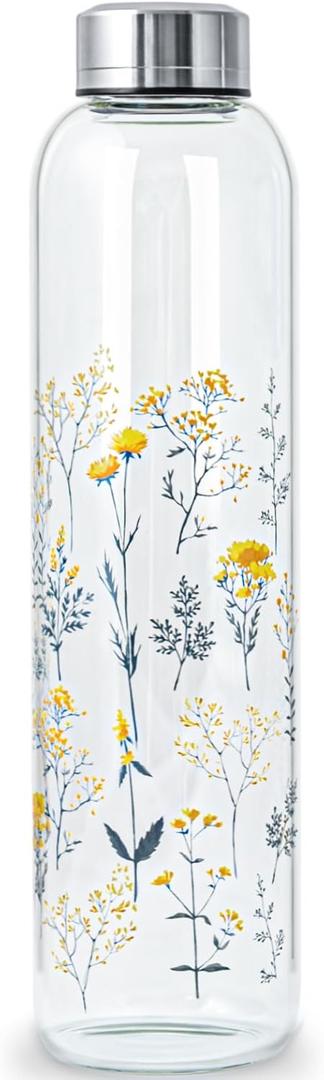 Clear Water Bottle 32 oz BPA Free Glass Drinking Bottle for Juice with Stainless Steel Lid and Neoprene Sleeve (32 ounce, Scattered Flowers) (33.8 Ounces)