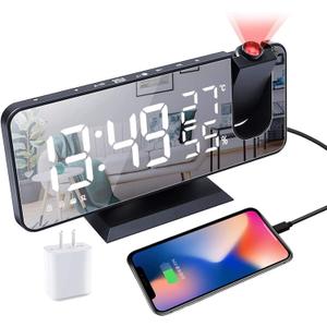 Projection Alarm Clock for Bedrooms Ceiling, Digital Clock Radio with USB Charger Port, Temperature & Humidity Display, 7.3 Large LED Display,12/24H,Snooze,Dual Loud Clock- 4 Dimmer (Black)