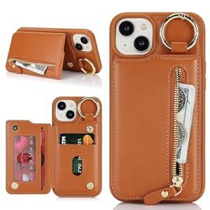 Ｈａｖａｙａ for iPhone 15 case Wallet with Card Holder for Women Men Shockproof Phone case with Keychain Ring Stand Leather Zipper Credit Card Slots-Brown