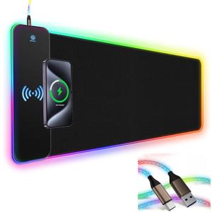 RGB Gaming Mouse Pad Wireless Charging 15W with LED Cable, XXL Large Mousepad 800x300x4mm with 13 Light Modes Non-Slip Rubber Base, Waterproof Computer Mat for Home Office Gaming Keyboard Desk Decor