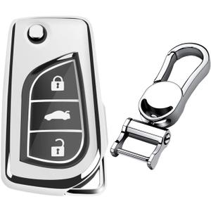 Soft TPU Case Key Fob Cover For Toyota 4Runner Avalon C-HR Camry Corolla Fortuner Highlander Levin RAV4 LE Sequoia Sienna Tacoma Tundra Yaris Car Key Shells - Glossy Silver - Metal Keychain