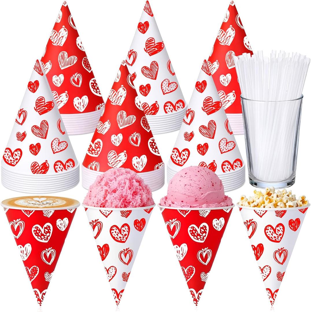 Honeydak 50 Set 6 oz Snow Cone Cups and Spoon Straws Red and White Heart Paper Cone Cups Summer Party Supplies for Shaved Ice Cream Slush Sorbet Treats