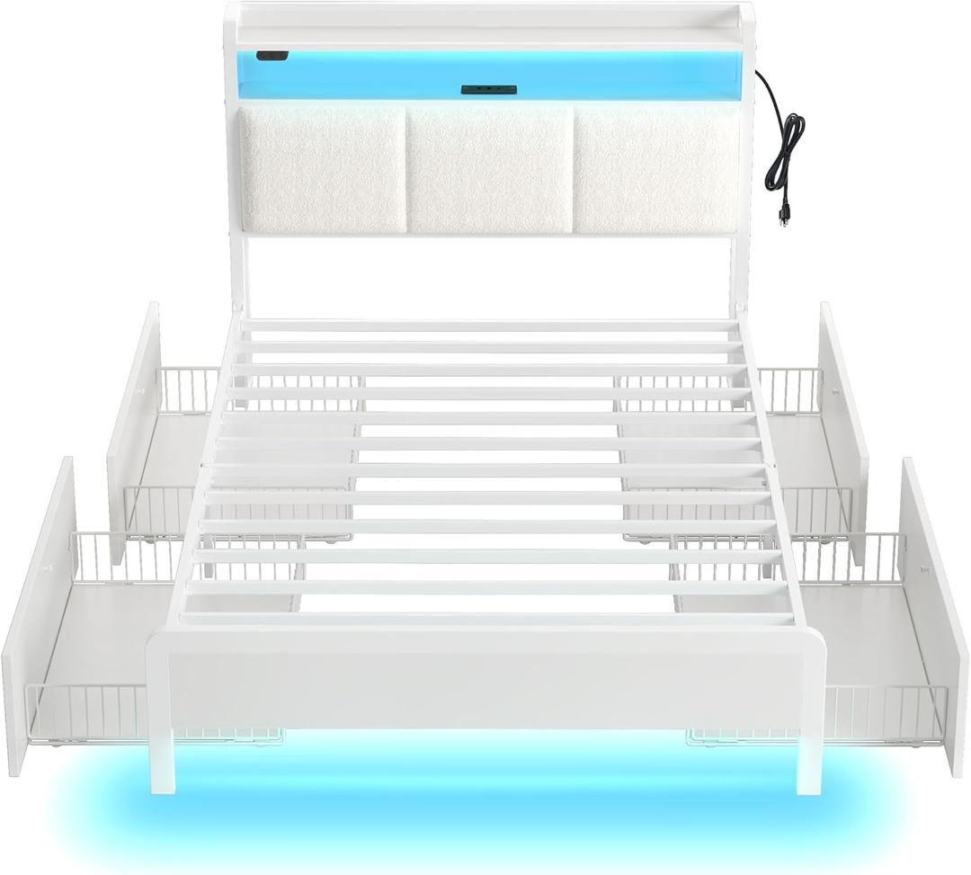 Rolanstar Bed Frame Twin Size with Charging Station and LED Lights, Upholstered Storage Headboard with Drawers, Heavy Duty Metal Slats, No Box Spring Needed, Noise Free, Easy Assembly, White