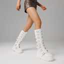 CELNEPHO Womens Wedge Platform Knee High Boots High Heel Round-Toe Zip Punk Goth Mid Calf Combat Boots For Women (White)