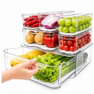 SMRCAD Fridge Organizers and Storage, A Clear Pull-out Drawer Container and 5 Pack Organizer Bins with Lids, Stackable Storage Containers for Fruits, Vegetables (Set of 6 (Includes drawer))