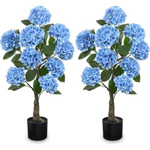 3FT Blue Hydrangea Artificial Flowers Tree Large Real Touch Faux Silk Hydrangea Plants Potted Fake Flower in Black Pot for Home Indoor Outdoor Front Porch Garden Entrance Living Room Decor, 2 Pack