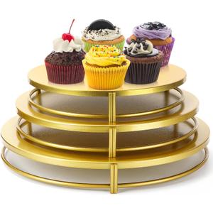 Wenqik 3 Pack Gold Cake Stands 16'' 14'' 12'' Round Metal Cupcake Display Stands Dessert Trays Table Decoration Cookies Serving Plates with Modern Design for Wedding, Birthday, Party, Celebration