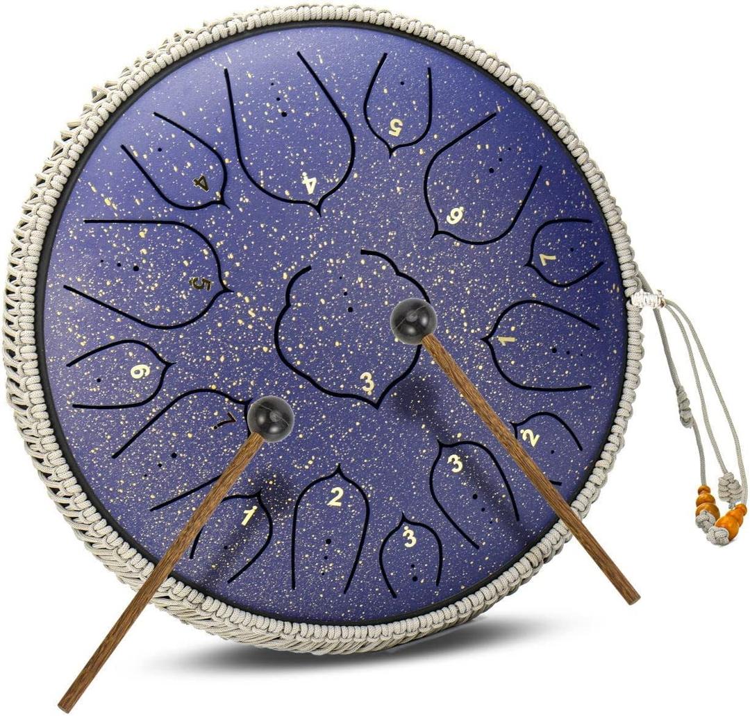 Steel Tongue Drum ChunFeng 14 Inch 15 Notes Steel Drums For AdultsHand Pan Drums With Music Book,Handpan Tongue Drum Mallets and Carry Bag,Lotus D Major(Blue)
