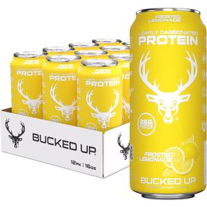 Bucked Up Lightly Carbonated Protein Soda | 25g Whey Isolate - Zero Sugar, Low Calorie, Caffeine Free, Clean Drink | Sparkling Protein Soda - 12 Pack, 16 oz Cans (Frosted Lemonade) BBD: 12-2027