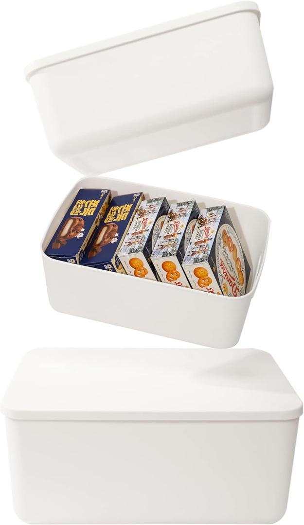 Plastic Storage Baskets Bins Boxes With Lids, Organizing Container White Storage Organizer Bins For Shelves Drawers Desktop Playroom Classroom Office, 3-Pack (M+2S)