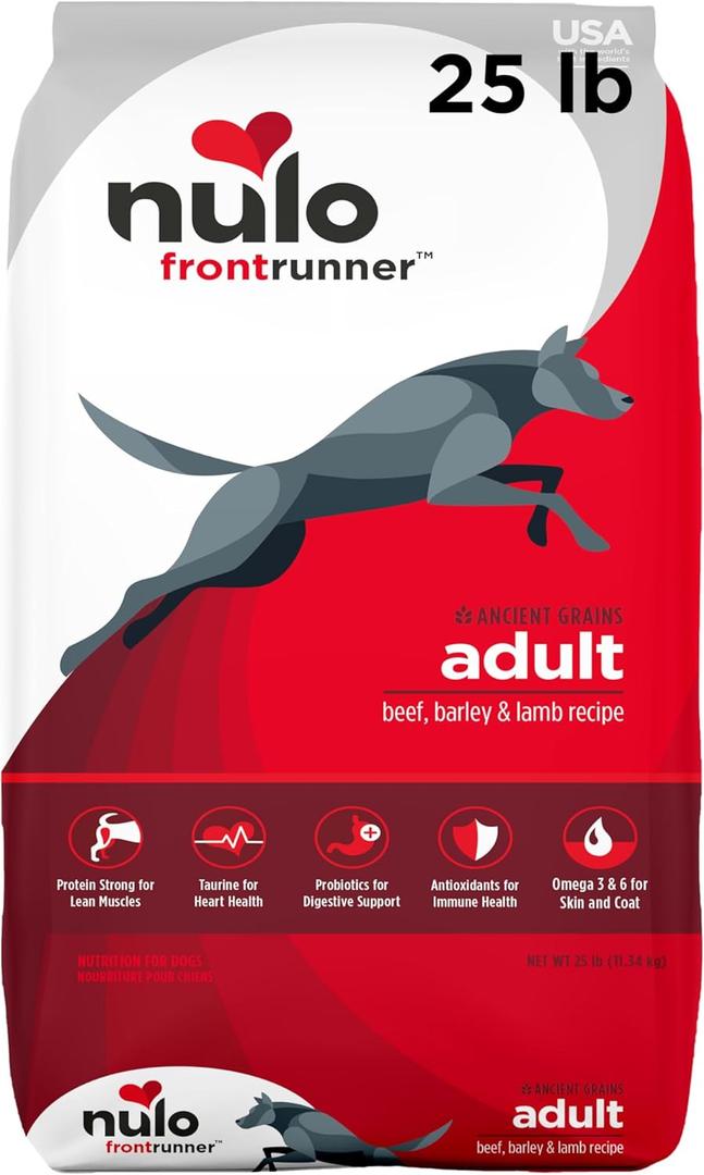 Nulo Frontrunner Ancient Grains High-Protein Dog Food, Beef, Barley, & Lamb Recipe- Natural Dry Dog Food with Probiotics, Grain-Inclusive Kibble for Adult Dogs, 25 lb Bag (25 Pound (Pack of 1))