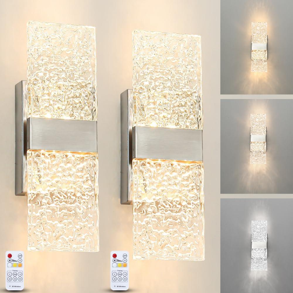Modern Brushed Nickel Battery Operated Wall Sconces Set of 2, Rechargeable LED Wall Lights with Acrylic Shade, Wireless Bedroom/Living Room Art Light Fixtures