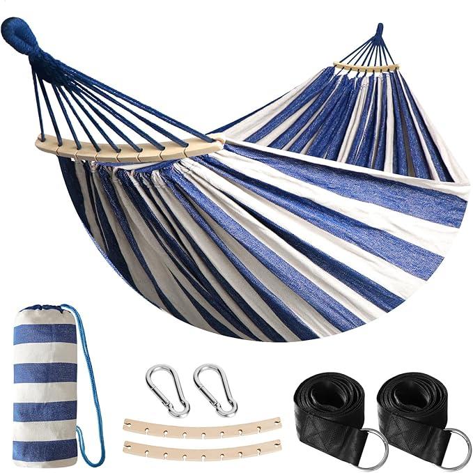 Anyoo Garden Cotton Hammock Comfortable Fabric Hammock with Spreader Bar Sturdy Hammocks Up to 450lbs Portable Lightweight Hammocks with Travel Bag for Camping Outdoor/Indoor Patio Backyard, Blue White