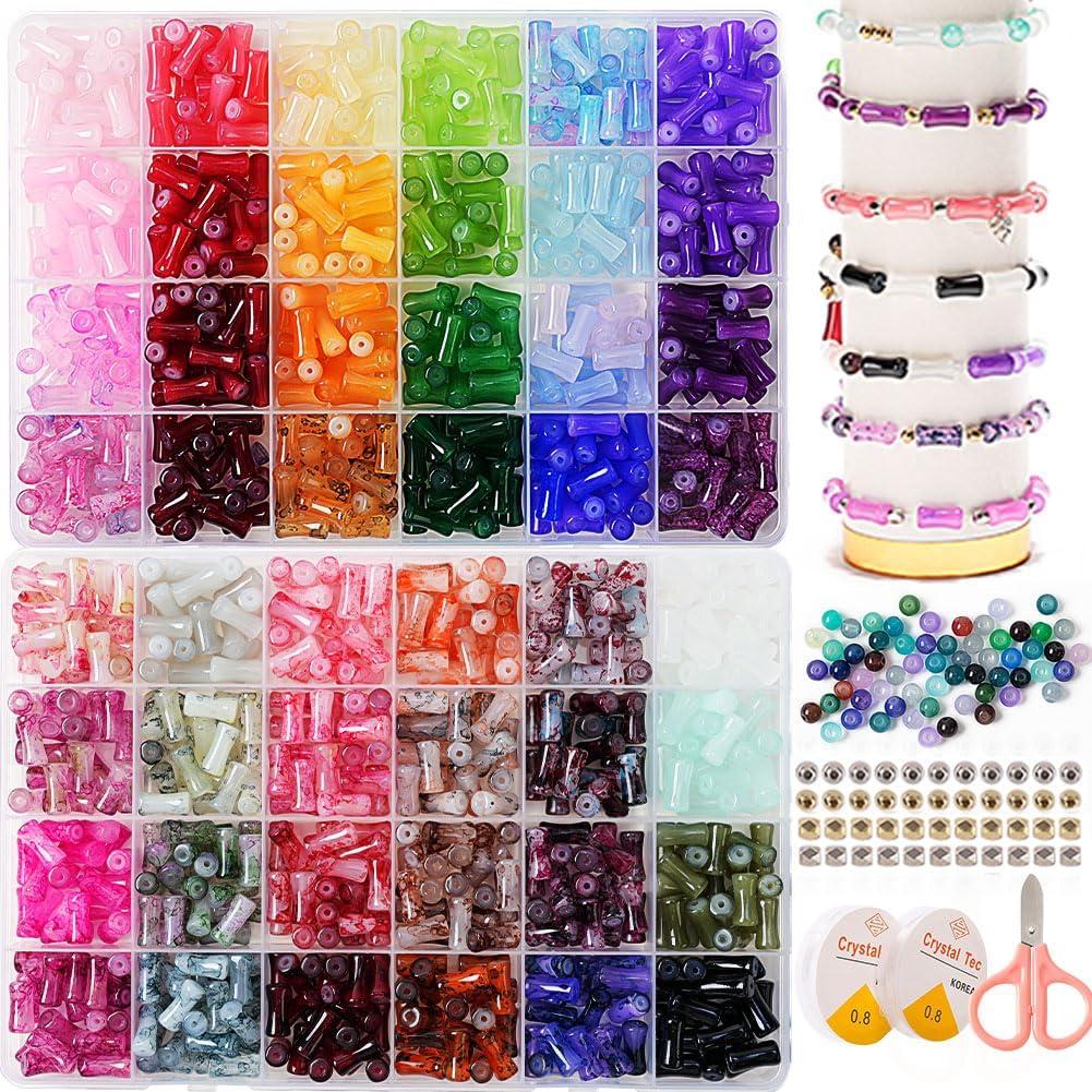Bamboo Shape Glass Beads, 6 * 12mm 48 Assorted Colours Crystal Beads for Jewelry Making, Art and Craft, Friendship Bracelets,Necklace (Multicolor-Style 4)