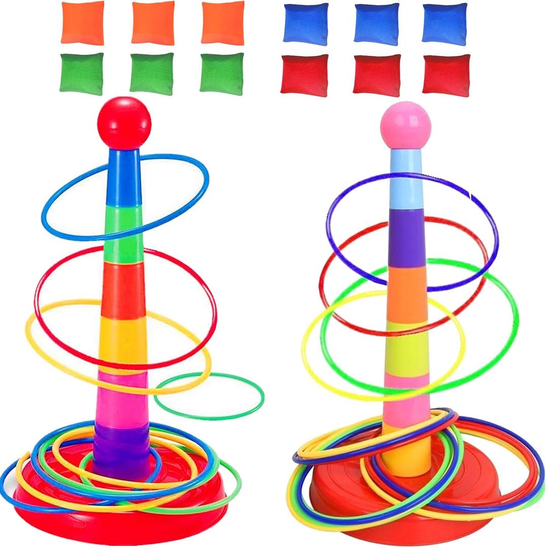 Colorful Plastic Sport Ring Toss Game Set for Kids,2 Colorful Columns+48 Rings+12 Bean Bags,Outside Toys Carnival Ring Circle Game,Outdoor Kids Sports Educational Toys