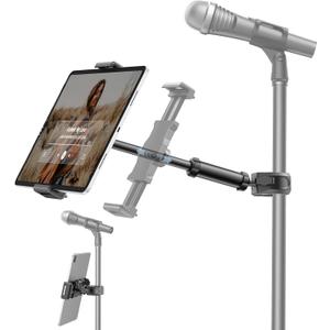KDD iPad Holder for Mic Stand, Adjustable Tablet & Phone Mount for Microphone Music Stand, Fitness Bike Handlebar Bracket, Fit for iPad Pro 12.9, Air, Mini, Galaxy Tabs, iPhone(4.7-13)