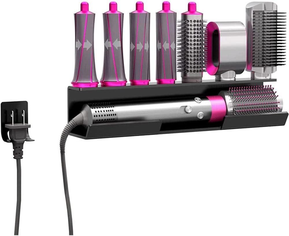 Wall Mount Holder for Dyson Airwrap Styler Hair Curling Iron Wand Barrels and Brushes Storage Stand Rack with Cord Organizer Acrylic (Black)