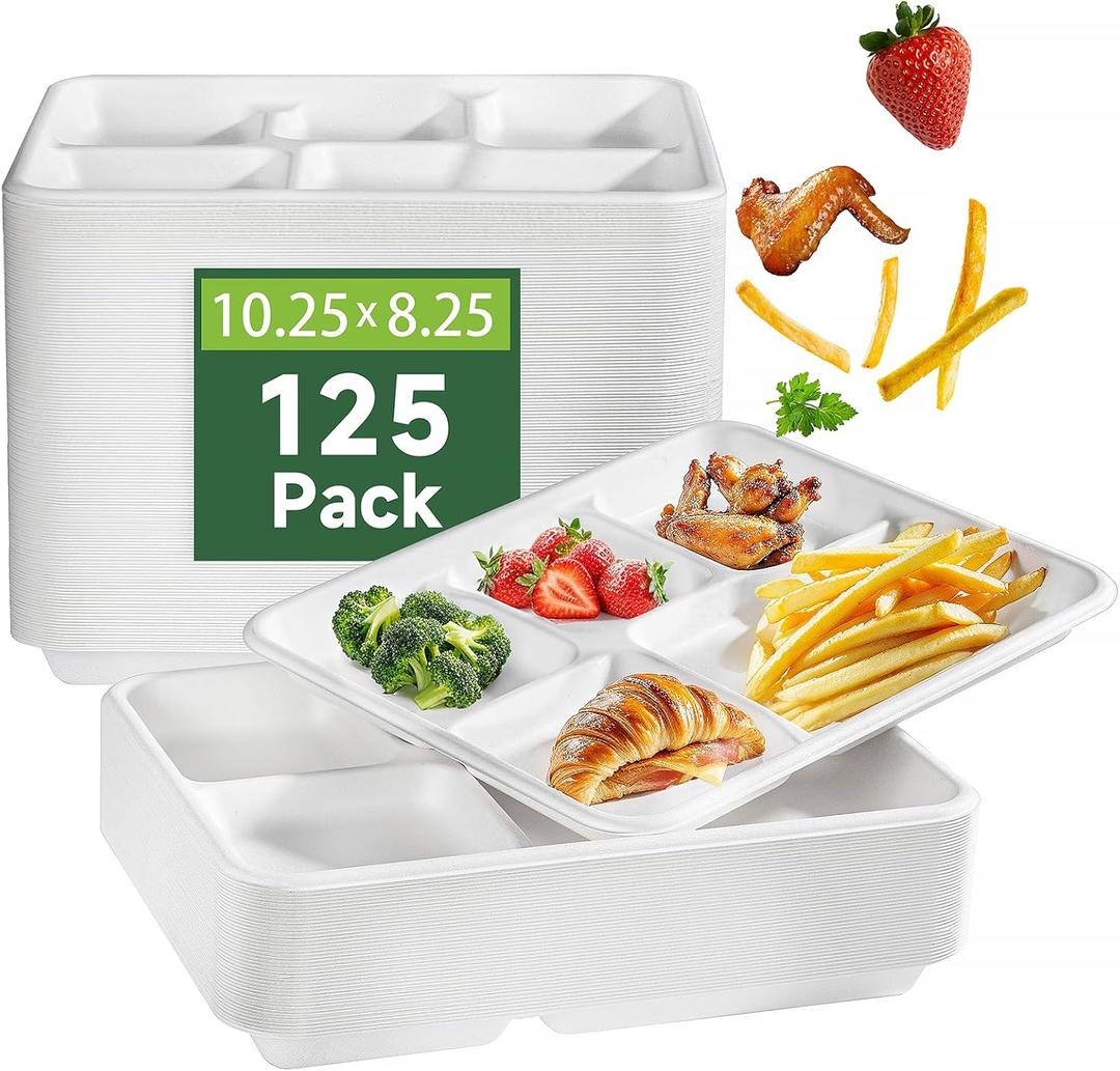 WELLIFE 100% Compostable 5 Compartment Paper Plates, 10.25 * 8.25 Inch 125 Pack Heavy Duty Divided Disposable School Lunch Trays, Eco-Friendly Bagasse Plates for Boys, Girls and Youth (BPA Free) (White)