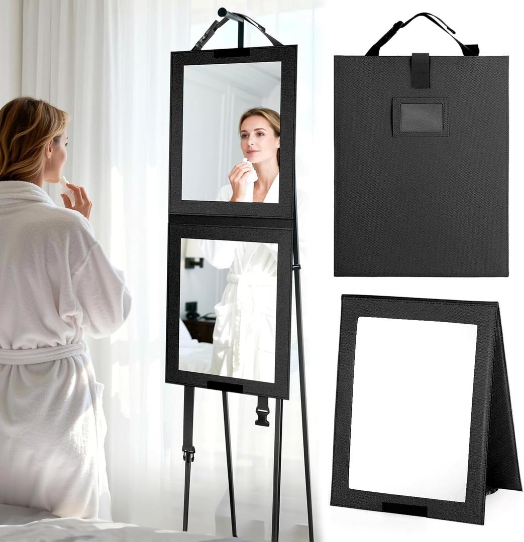 Shinowa Foldable Portable Full Length Mirror for Dancer, Camping and Travel, Shatter-Proof Acrylic Hanging Mirror with Handle, 33x13 Inch Full Body Travel Backstage, Dark Black