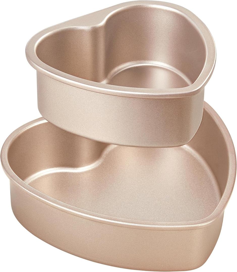 HONGBAKE Heart Shaped Cake Pan, Nonstick 8 & 6 inch Cheesecake Pans Set for Baking, Heart Shape Layer Cake Mold, Baking Tin for Valentine's Day, Weddings, 2 Pieces, Heavy Duty, Golden