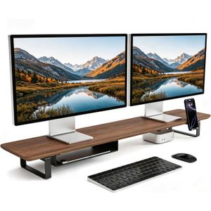 muso wood Dual Monitor Stand with Storage Shelf, 45 Inch Wooden Monitor Riser for 2 Monitors, Walnut Desk Shelf for Computer, Laptop, Screen, TV, Printer