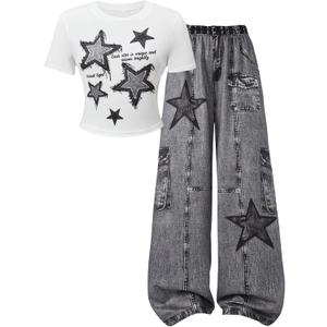 SOLY HUX Girl's Y2k Clothes Star Graphic Crop Top and Baggy Pants Grunge 2 Piece Outfit Streetwear Black and White 12Y