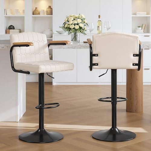 VECELO Bar Stools Set of 2, Adjustable Upholstered Swivel Barstools, Modern Counter Height Bar Stools with Back and Footrest, Island Chairs for Kitchen, Dining Room, Bar