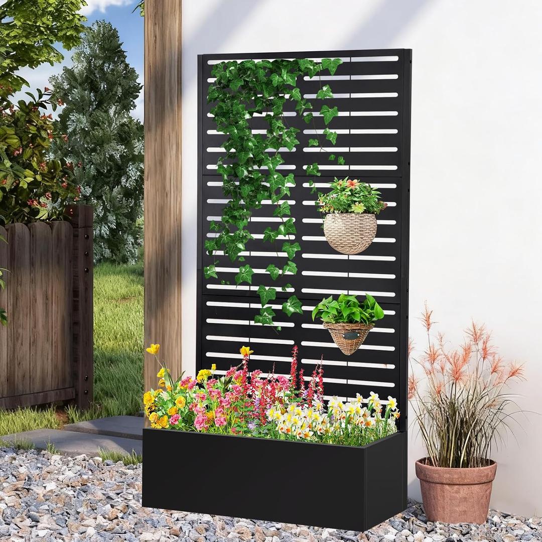 Metal Raised Garden Bed with Trellis,Planter Box for Climbing Plants, Vegetables & Vines, Features Drainage Holes and Privacy Screen.raised garden beds outdoor planters for porch (Black, 71"x35"x16")