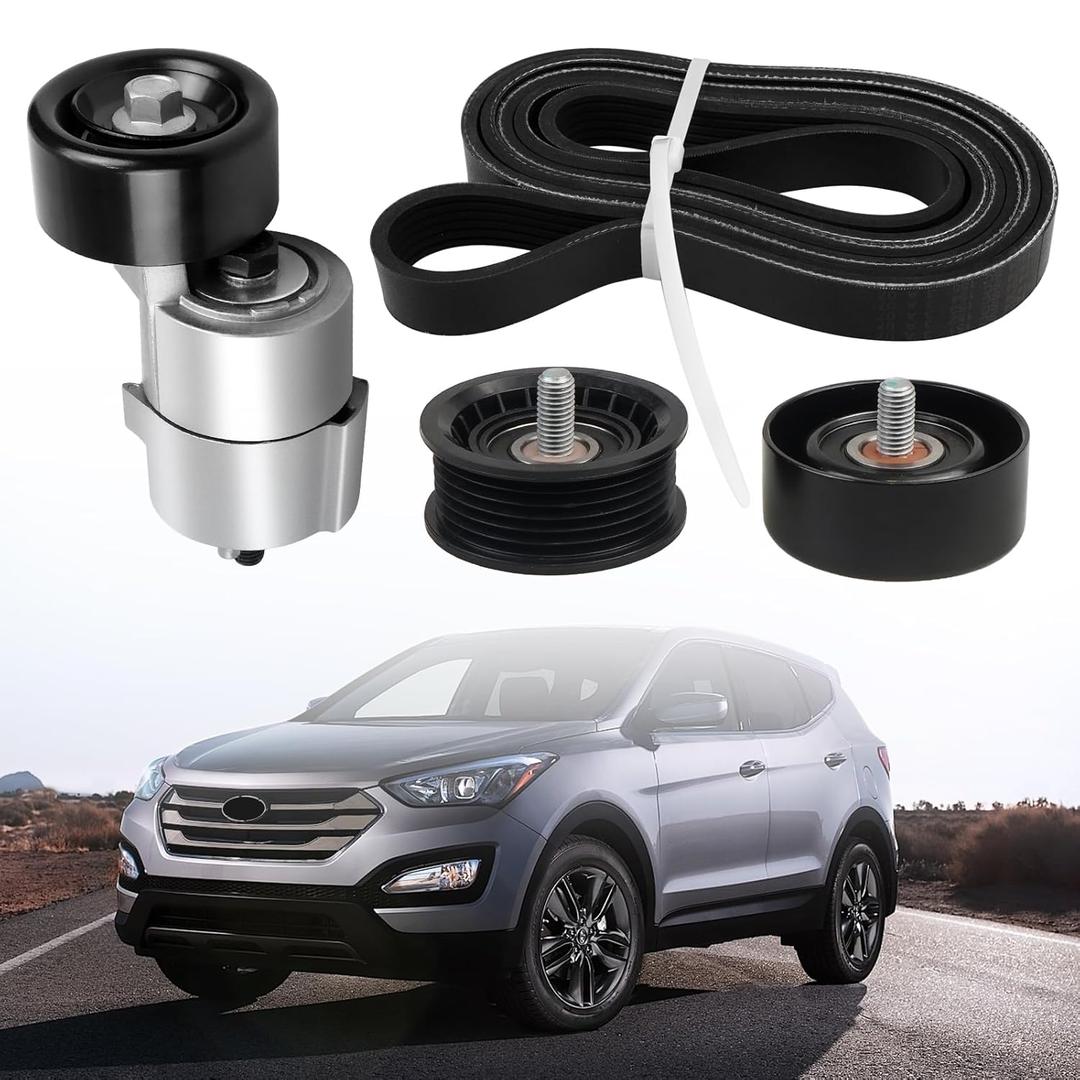 Belt Tensioner & Idler Pulley V-Ribbed Belt Kit Compatible with Hyundai Santa Fe Sonata Kia Forte Magentis Optima Sorento Replaces Part Numbers 6PK2125 2528125000 2528825001 2528725110