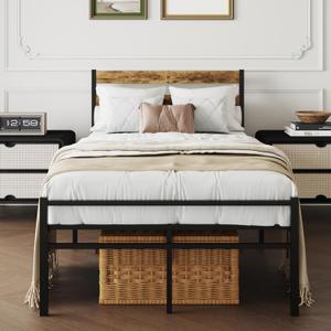 Metal Platform Bed Frame with Headboard, TwinSize 39.0W x 77.7L x 36.2H inches, Wood and Faux Leather, Walnut (Walnut Colour, Twin)