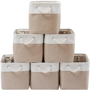 13 x 13 Inch Cube Storage Bins, 6 Pack Extra Large Collapsible Fabric Storage Bin with Ropes, Foldable Storage Cubes for Home (White & Beige-13"x13"x13")