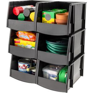 IRIS USA Extra Large Stackable Storage Bins, 6-Pack, 13"L x 10"W x 8"H, |Made in USA|, Plastic Open Front Shelf Bin for Organizing Parts, Hardware, Tools, Supplies, Garage Shelf, Pantry - Black